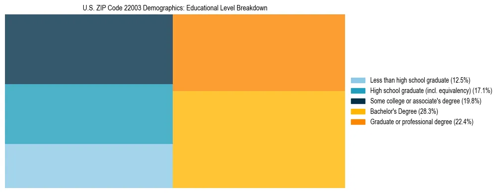 Treemap chart illustrating the educational attainment breakdown for population 25 years and over in US ZIP Code 22003.