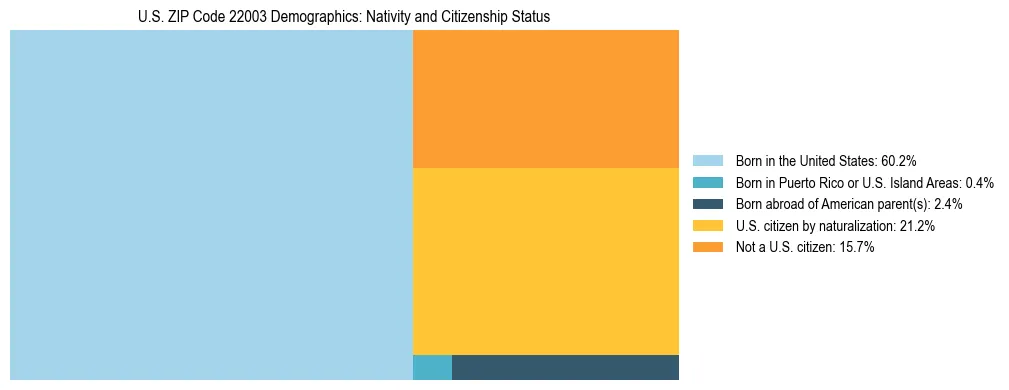 Treemap showing the population distribution by nativity and citizenship status in US ZIP Code 22003 based on U.S. Census data.