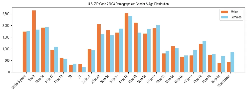 Bar chart showing the population distribution of US ZIP Code 22003 by age group and gender, based on 2023 ACS data.
