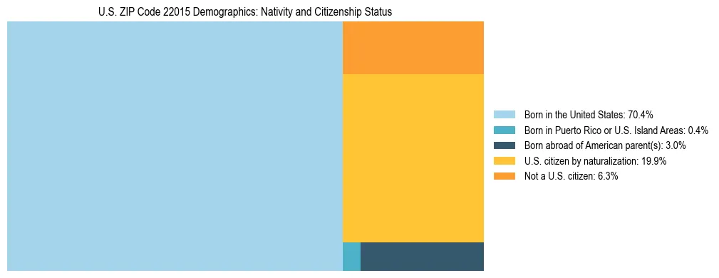 Treemap showing the population distribution by nativity and citizenship status in US ZIP Code 22015 based on U.S. Census data.