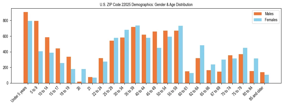 Bar chart showing the population distribution of US ZIP Code 22025 by age group and gender, based on 2023 ACS data.