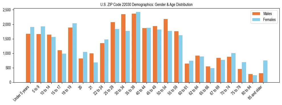 Bar chart showing the population distribution of US ZIP Code 22030 by age group and gender, based on 2023 ACS data.
