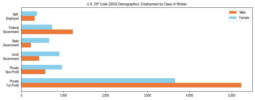 Horizontal bar chart showing employment distribution by class of worker and gender in US ZIP Code 22032, based on 2023 ACS data.