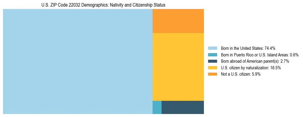 Treemap showing the population distribution by nativity and citizenship status in US ZIP Code 22032 based on U.S. Census data.