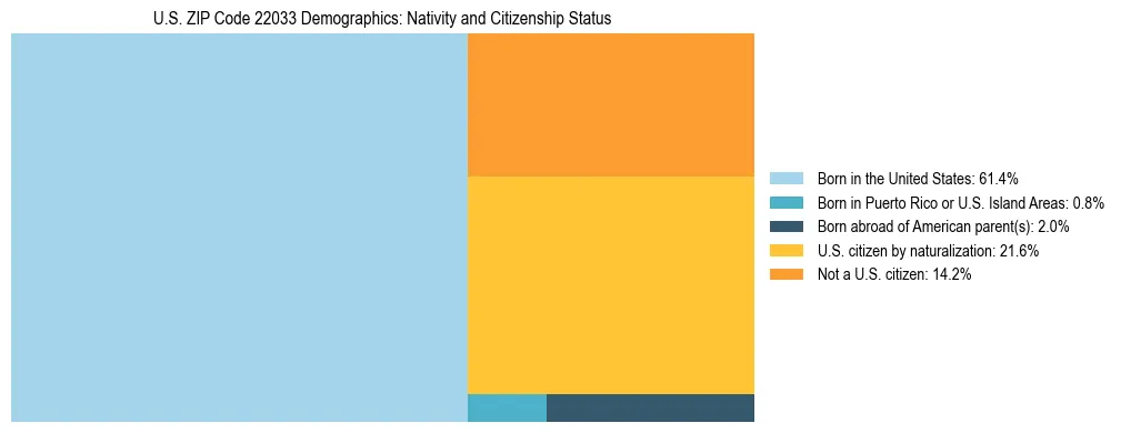 Treemap showing the population distribution by nativity and citizenship status in US ZIP Code 22033 based on U.S. Census data.