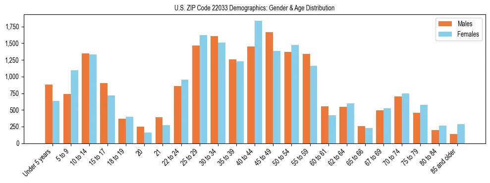 Bar chart showing the population distribution of US ZIP Code 22033 by age group and gender, based on 2023 ACS data.
