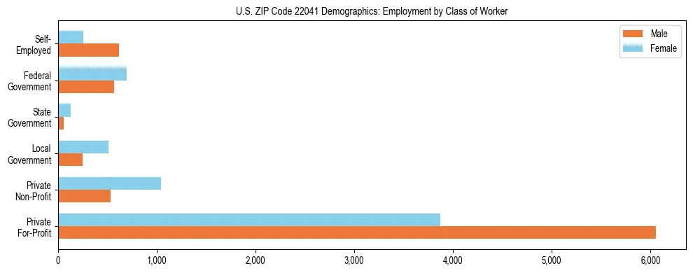 Horizontal bar chart showing employment distribution by class of worker and gender in US ZIP Code 22041, based on 2023 ACS data.