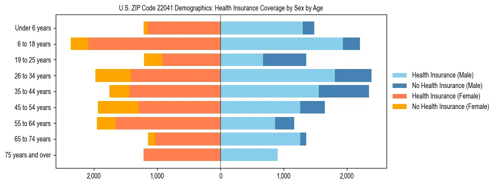 Pyramid chart showing health insurance coverage by age and sex in US ZIP Code 22041.