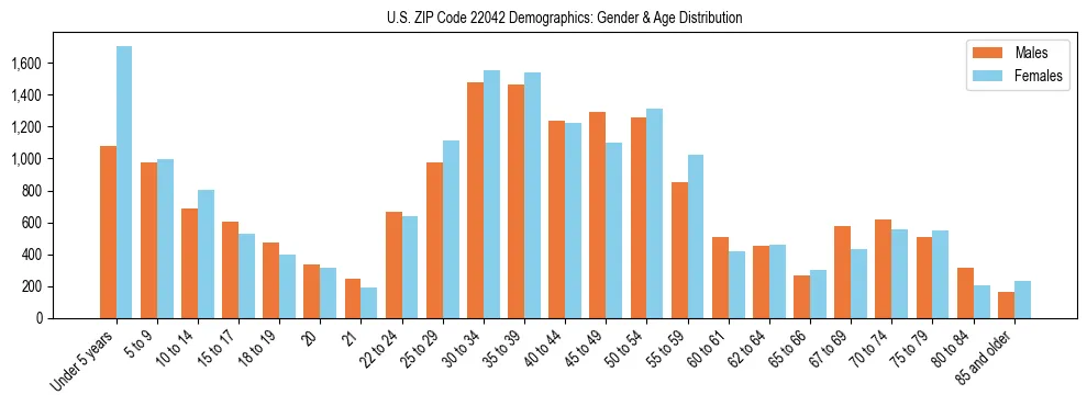 Bar chart showing the population distribution of US ZIP Code 22042 by age group and gender, based on 2023 ACS data.