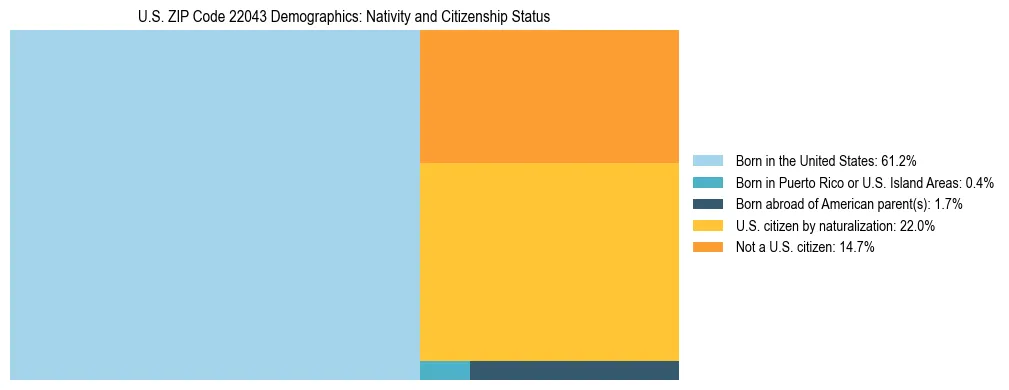 Treemap showing the population distribution by nativity and citizenship status in US ZIP Code 22043 based on U.S. Census data.