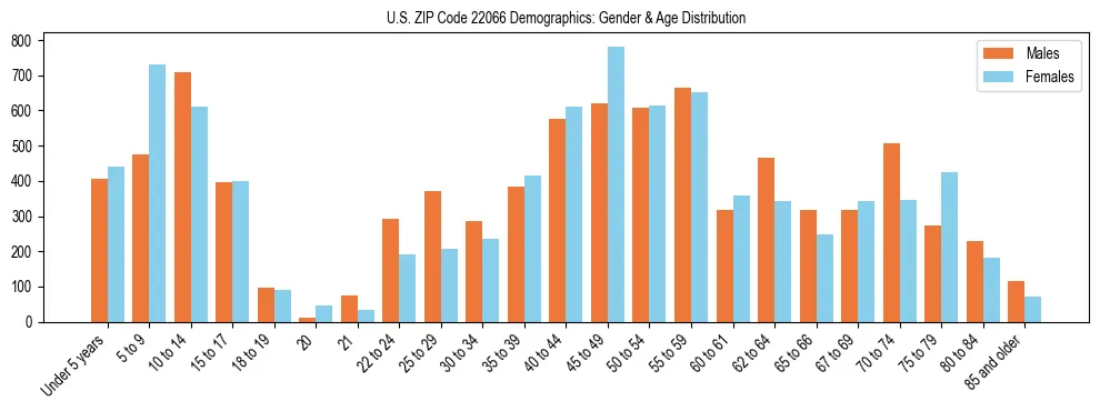Bar chart showing the population distribution of US ZIP Code 22066 by age group and gender, based on 2023 ACS data.