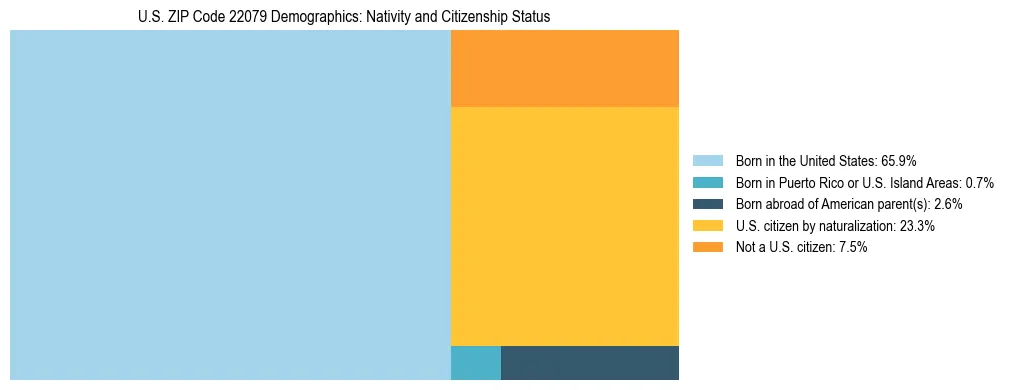 Treemap showing the population distribution by nativity and citizenship status in US ZIP Code 22079 based on U.S. Census data.