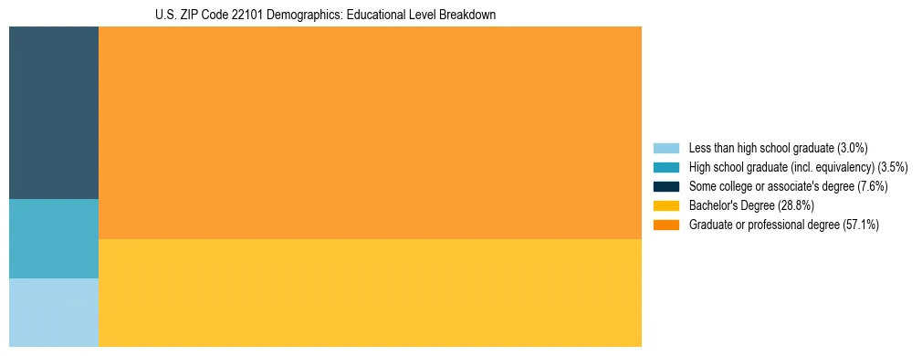 Treemap chart illustrating the educational attainment breakdown for population 25 years and over in US ZIP Code 22101.