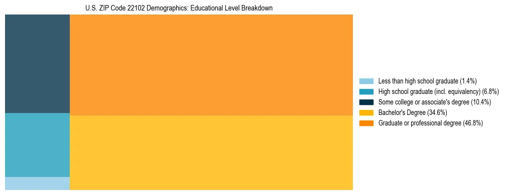 Treemap chart illustrating the educational attainment breakdown for population 25 years and over in US ZIP Code 22102.