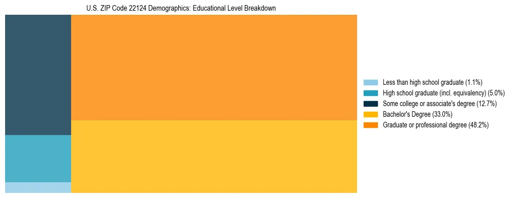 Treemap chart illustrating the educational attainment breakdown for population 25 years and over in US ZIP Code 22124.