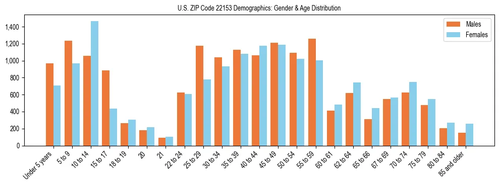 Bar chart showing the population distribution of US ZIP Code 22153 by age group and gender, based on 2023 ACS data.