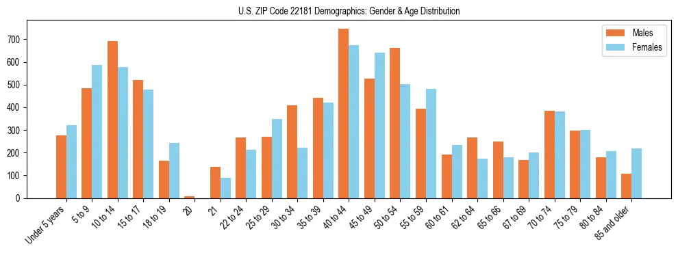 Bar chart showing the population distribution of US ZIP Code 22181 by age group and gender, based on 2023 ACS data.