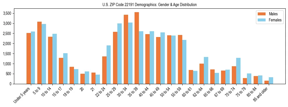 Bar chart showing the population distribution of US ZIP Code 22191 by age group and gender, based on 2023 ACS data.
