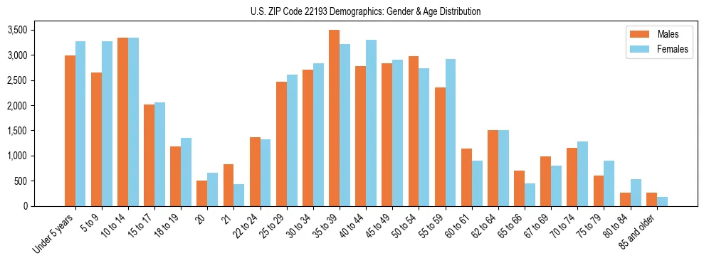 Bar chart showing the population distribution of US ZIP Code 22193 by age group and gender, based on 2023 ACS data.