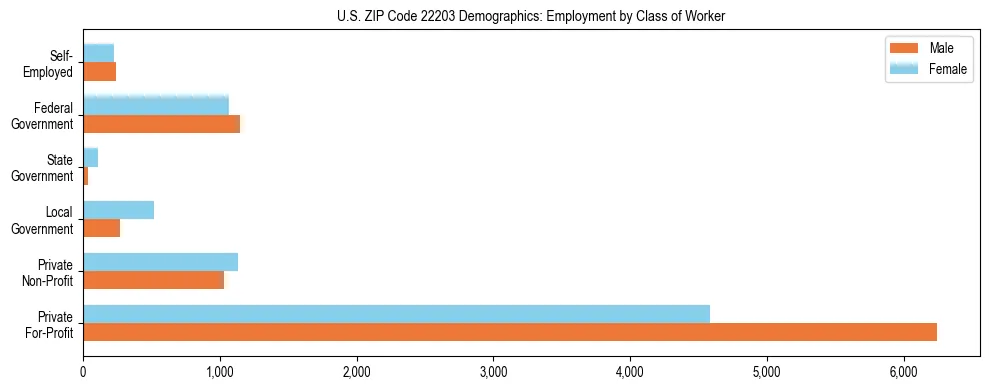 Horizontal bar chart showing employment distribution by class of worker and gender in US ZIP Code 22203, based on 2023 ACS data.