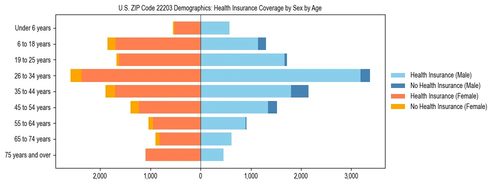 Pyramid chart showing health insurance coverage by age and sex in US ZIP Code 22203.
