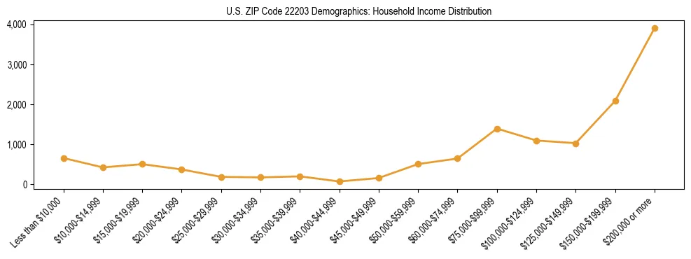 Horizontal bar chart showing household income distribution in US ZIP Code 22203.
