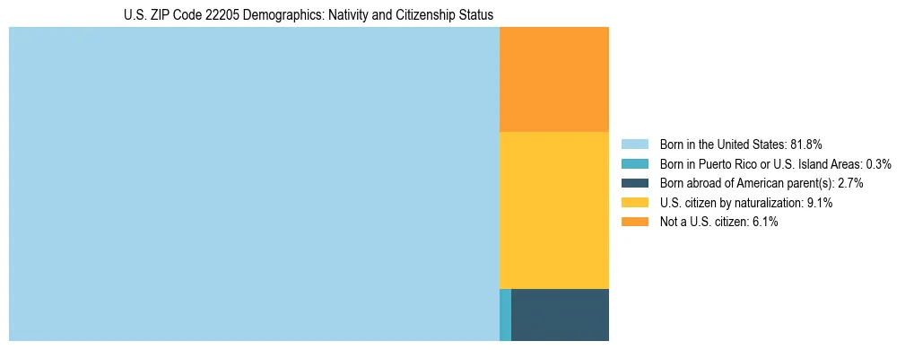 Treemap showing the population distribution by nativity and citizenship status in US ZIP Code 22205 based on U.S. Census data.