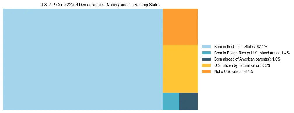 Treemap showing the population distribution by nativity and citizenship status in US ZIP Code 22206 based on U.S. Census data.