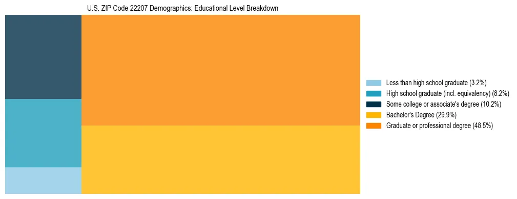 Treemap chart illustrating the educational attainment breakdown for population 25 years and over in US ZIP Code 22207.