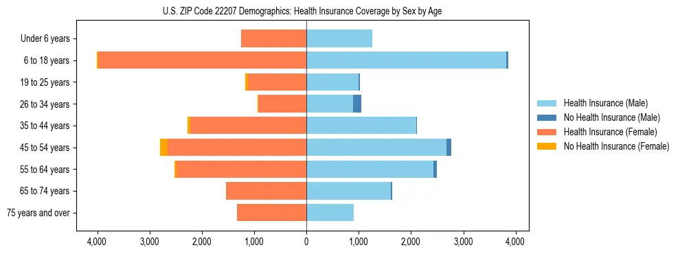 Pyramid chart showing health insurance coverage by age and sex in US ZIP Code 22207.