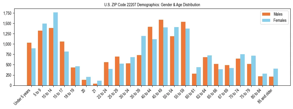 Bar chart showing the population distribution of US ZIP Code 22207 by age group and gender, based on 2023 ACS data.