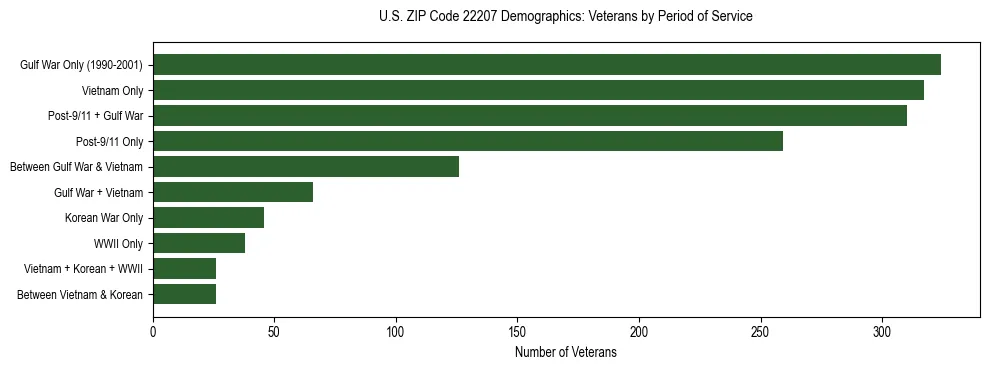 Horizontal bar chart showing veteran distribution by period of military service in US ZIP Code 22207, based on 2023 ACS data.