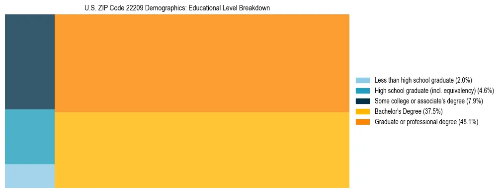 Treemap chart illustrating the educational attainment breakdown for population 25 years and over in US ZIP Code 22209.