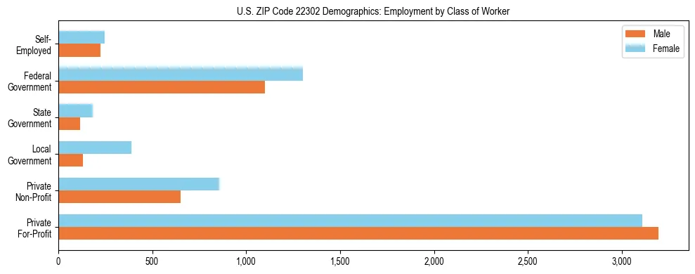 Horizontal bar chart showing employment distribution by class of worker and gender in US ZIP Code 22302, based on 2023 ACS data.
