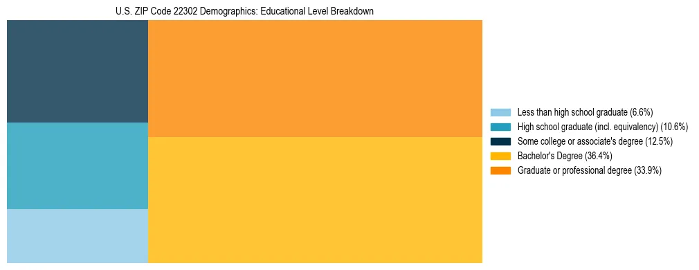 Treemap chart illustrating the educational attainment breakdown for population 25 years and over in US ZIP Code 22302.