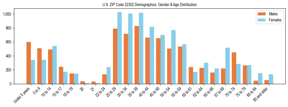 Bar chart showing the population distribution of US ZIP Code 22302 by age group and gender, based on 2023 ACS data.