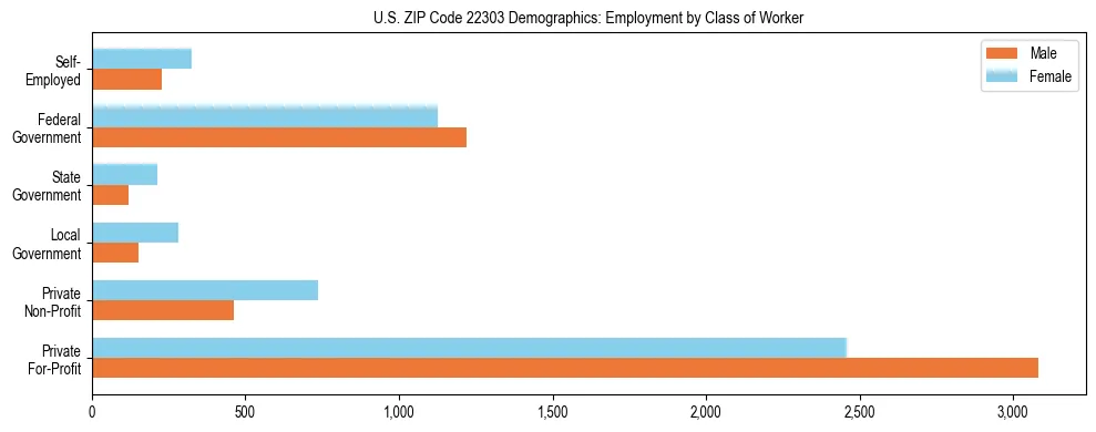 Horizontal bar chart showing employment distribution by class of worker and gender in US ZIP Code 22303, based on 2023 ACS data.