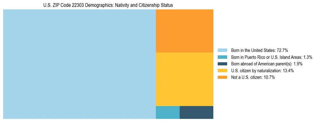 Treemap showing the population distribution by nativity and citizenship status in US ZIP Code 22303 based on U.S. Census data.