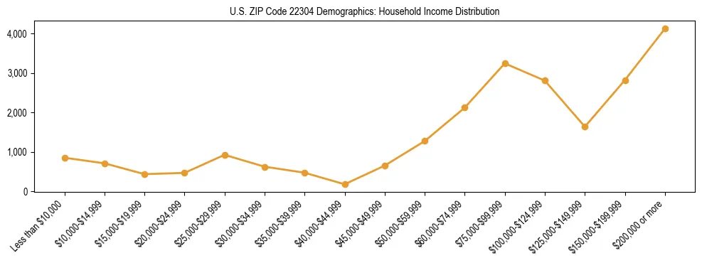 Horizontal bar chart showing household income distribution in US ZIP Code 22304.