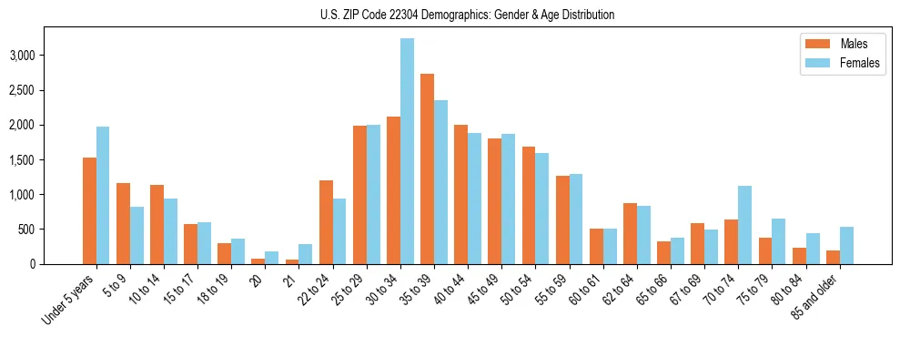 Bar chart showing the population distribution of US ZIP Code 22304 by age group and gender, based on 2023 ACS data.