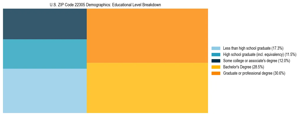 Treemap chart illustrating the educational attainment breakdown for population 25 years and over in US ZIP Code 22305.