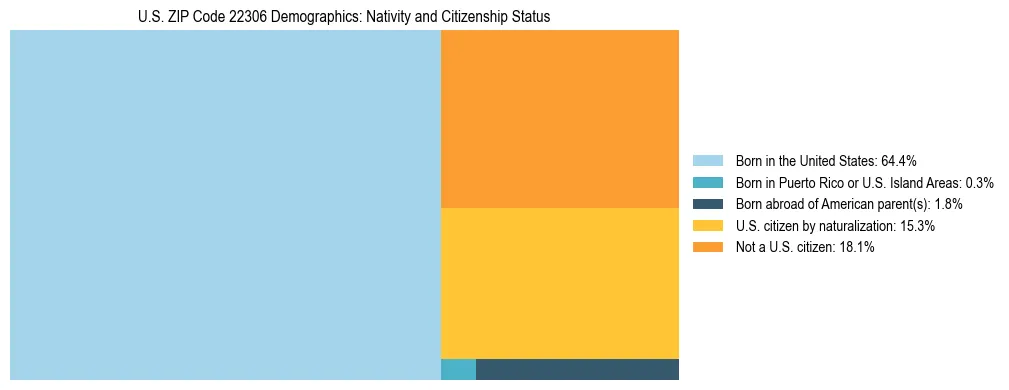 Treemap showing the population distribution by nativity and citizenship status in US ZIP Code 22306 based on U.S. Census data.