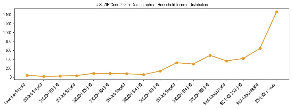 Horizontal bar chart showing household income distribution in US ZIP Code 22307.