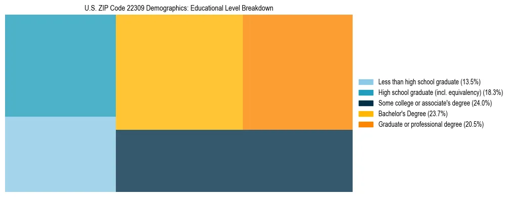 Treemap chart illustrating the educational attainment breakdown for population 25 years and over in US ZIP Code 22309.