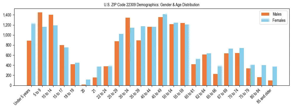 Bar chart showing the population distribution of US ZIP Code 22309 by age group and gender, based on 2023 ACS data.