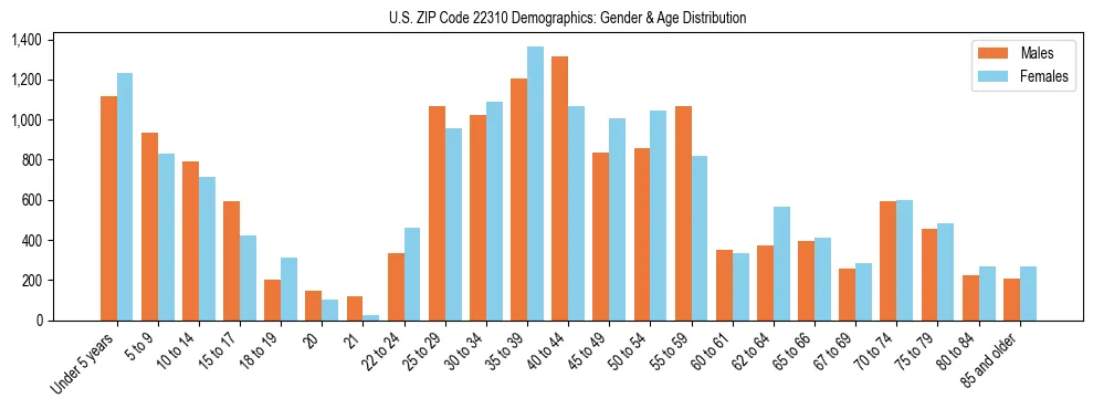 Bar chart showing the population distribution of US ZIP Code 22310 by age group and gender, based on 2023 ACS data.