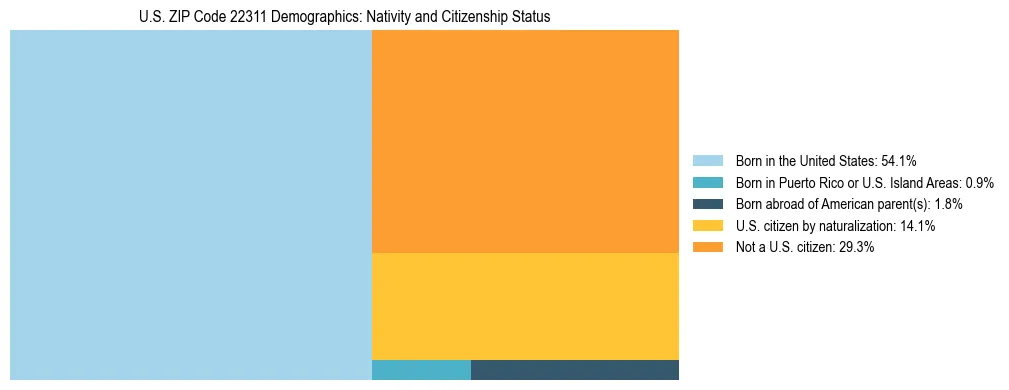 Treemap showing the population distribution by nativity and citizenship status in US ZIP Code 22311 based on U.S. Census data.