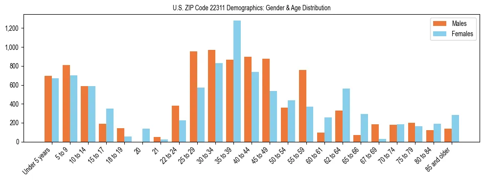 Bar chart showing the population distribution of US ZIP Code 22311 by age group and gender, based on 2023 ACS data.