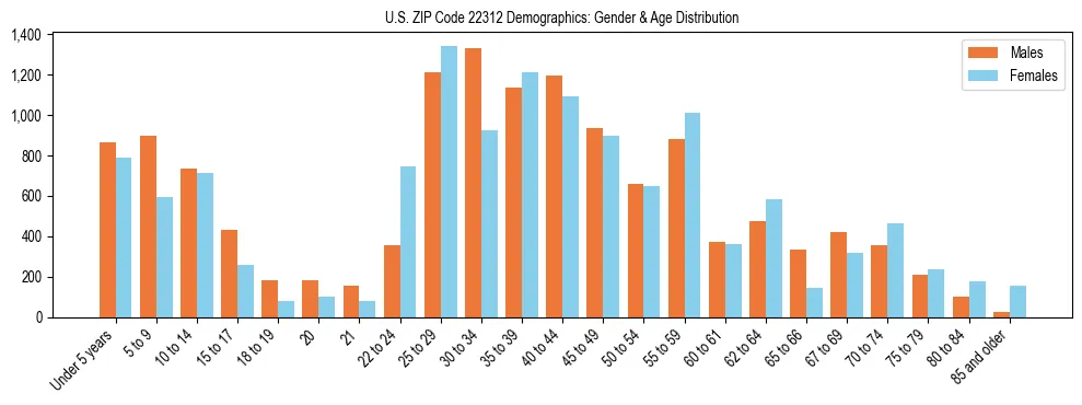 Bar chart showing the population distribution of US ZIP Code 22312 by age group and gender, based on 2023 ACS data.