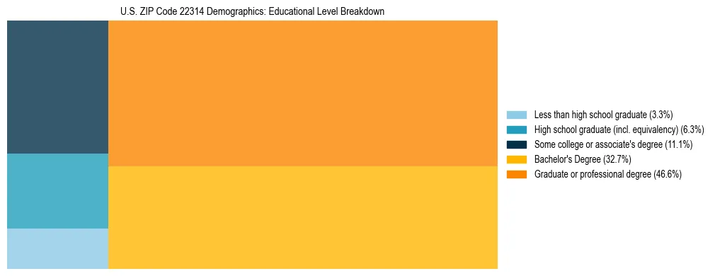 Treemap chart illustrating the educational attainment breakdown for population 25 years and over in US ZIP Code 22314.